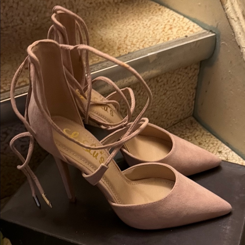 Lulus Lace-Up Pointed Toe High Heels in Blush Pink